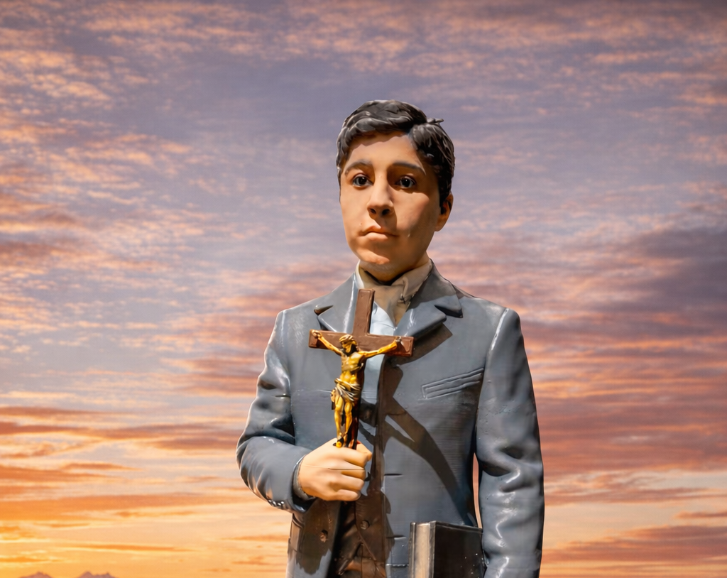 Imagen de Ceferino Namuncurá creada en impresora 3D, tiene 1m de altura total y fue montada en el km 60 de la RN 281.