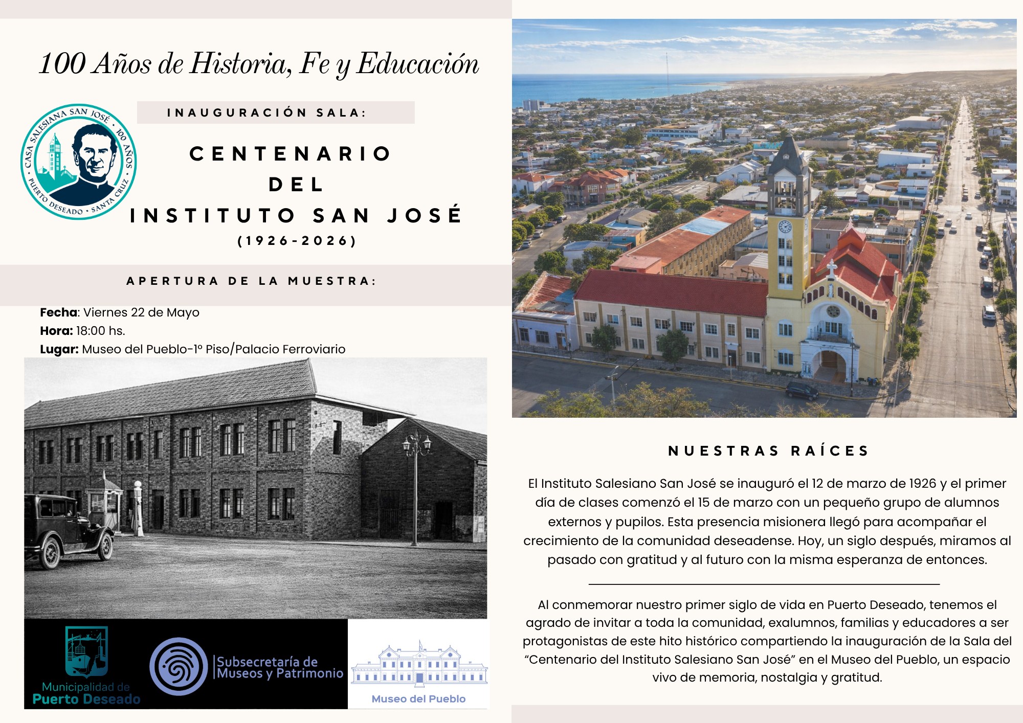 Invitación oficial a la inauguración de la Sala Centenario del Instituto Salesiano San José en el Museo del Pueblo de Puerto Deseado.